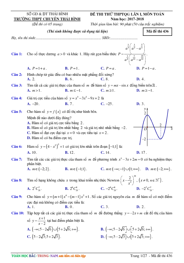 đề thi thử thpt quốc gia 2018 môn toán trường thpt chuyên thái bình lần 1