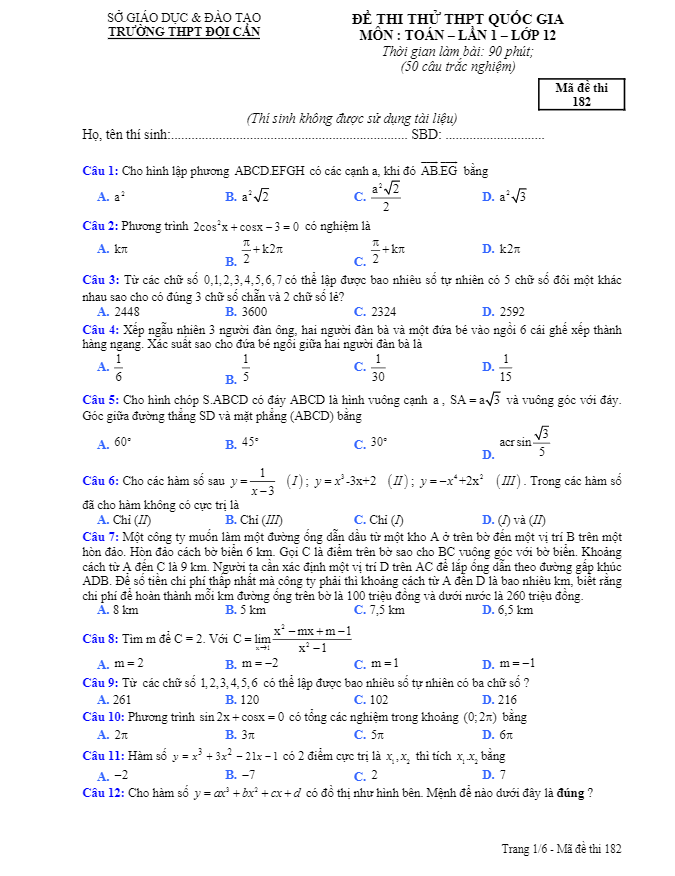 đề thi thử thpt quốc gia 2018 môn toán trường thpt đội cấn – vĩnh phúc lần 1