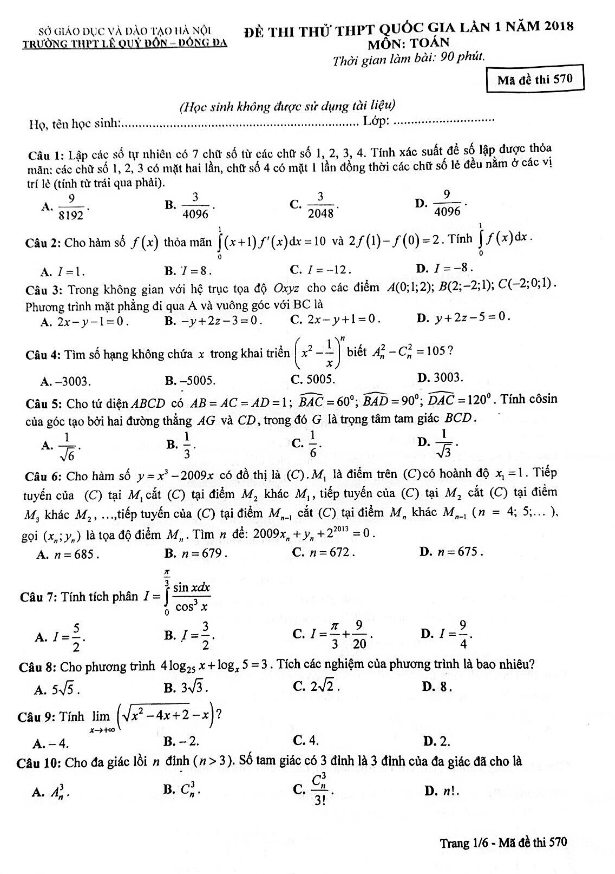 đề thi thử thpt quốc gia 2018 môn toán trường thpt lê quý đôn – hà nội lần 1