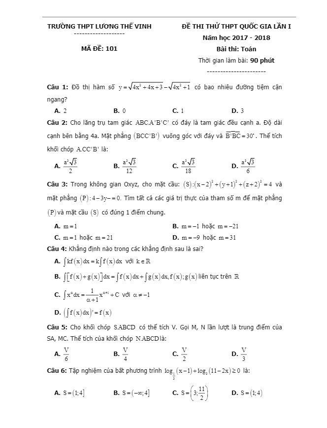 đề thi thử thpt quốc gia 2018 môn toán trường thpt lương thế vinh – hà nội lần 1
