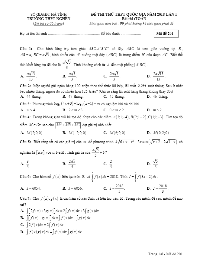 đề thi thử thpt quốc gia 2018 môn toán trường thpt nghèn – hà tĩnh lần 1