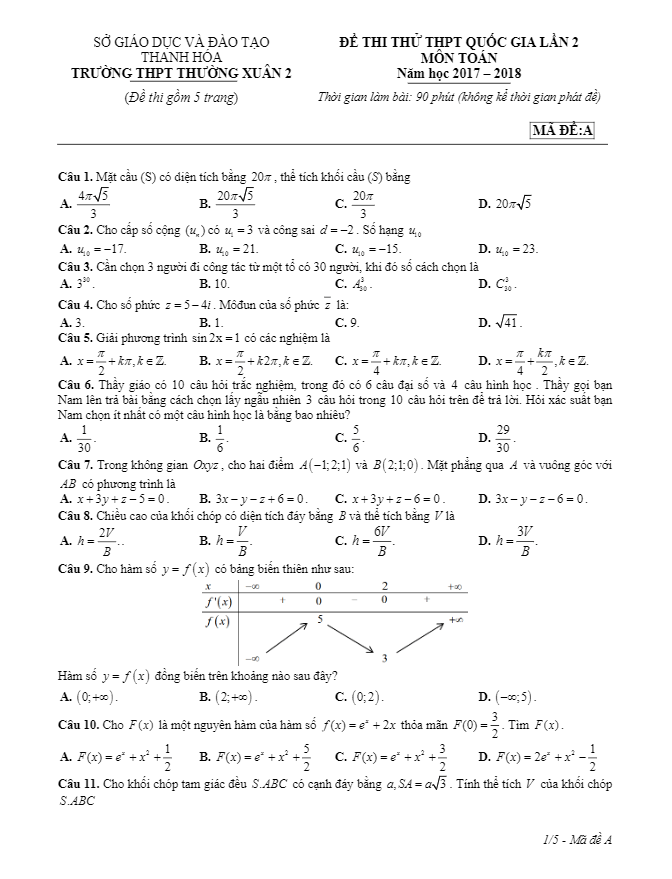 đề thi thử thpt quốc gia 2018 môn toán trường thpt thường xuân 2 – thanh hóa lần 2