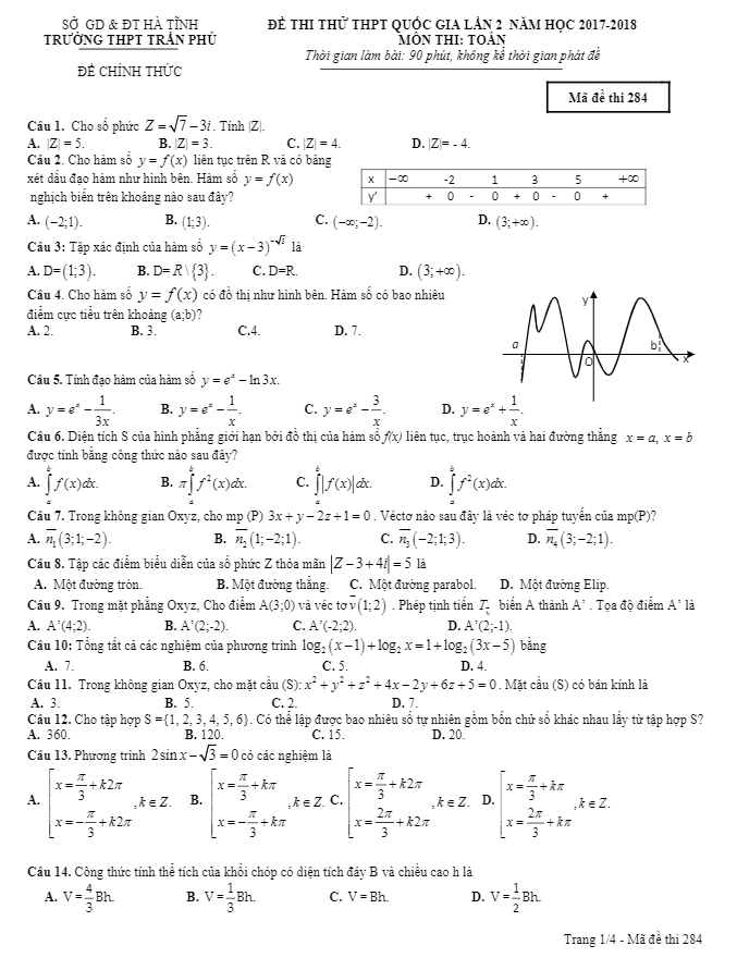 đề thi thử thpt quốc gia 2018 môn toán trường thpt trần phú – hà tĩnh lần 2