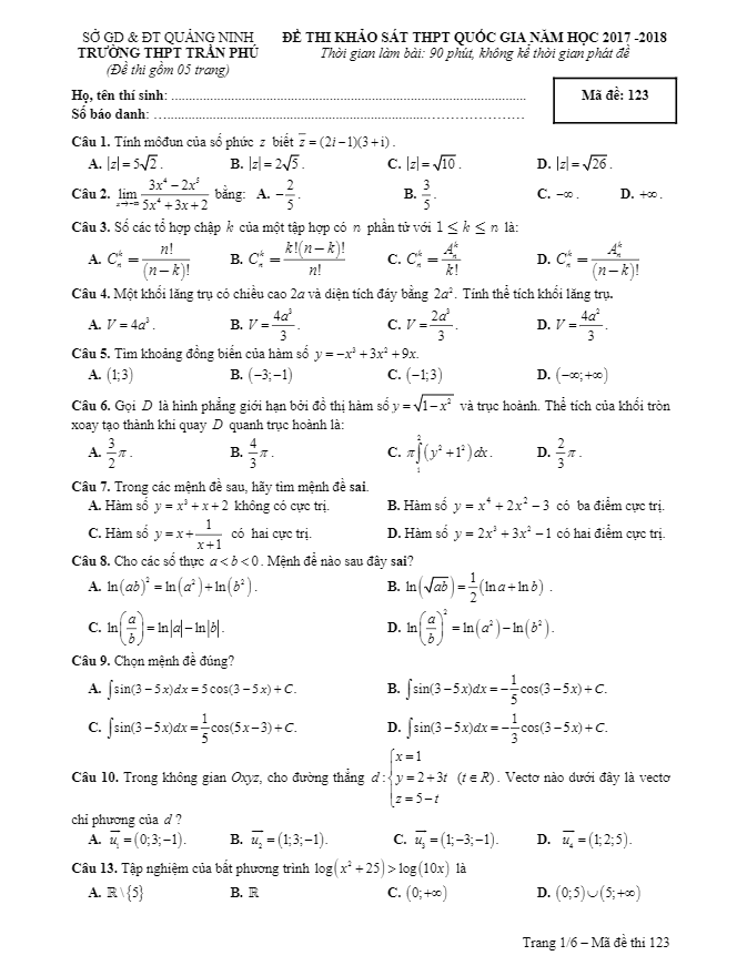 đề thi thử thpt quốc gia 2018 môn toán trường thpt trần phú – quảng ninh