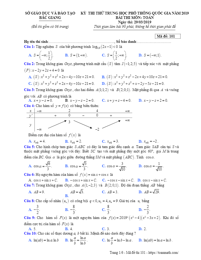 đề thi thử thpt quốc gia 2019 môn toán lần 1 sở gd&đt bắc giang