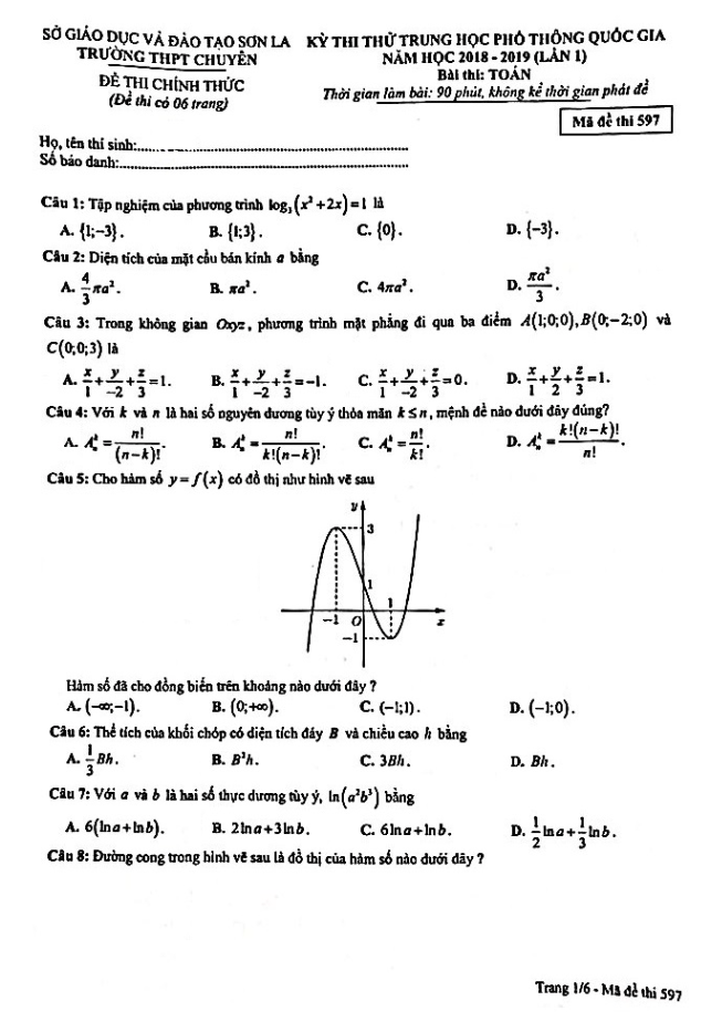 đề thi thử thpt quốc gia 2019 môn toán lần 1 trường thpt chuyên sơn la