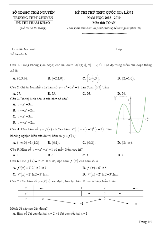 đề thi thử thpt quốc gia 2019 môn toán lần 1 trường thpt chuyên thái nguyên