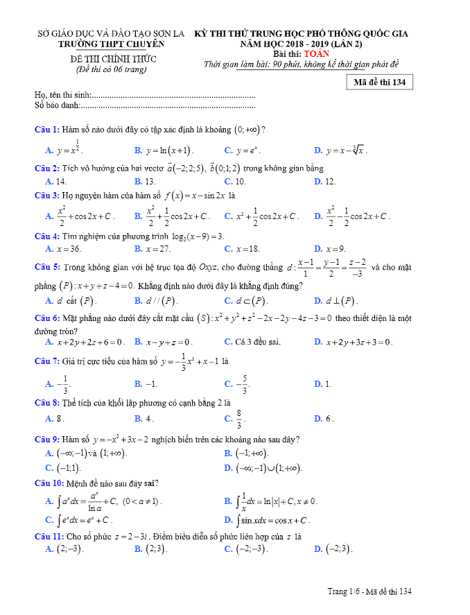 đề thi thử thpt quốc gia 2019 môn toán lần 2 trường thpt chuyên sơn la