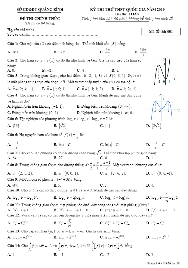 đề thi thử thpt quốc gia 2019 môn toán sở gd&đt quảng bình