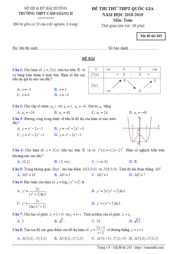 đề thi thử thpt quốc gia 2019 môn toán trường cẩm giàng ii – hải dương