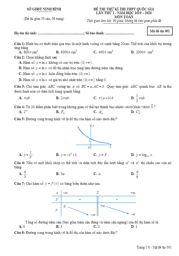 đề thi thử thpt quốc gia 2020 lần 1 môn toán sở gd&đt ninh bình