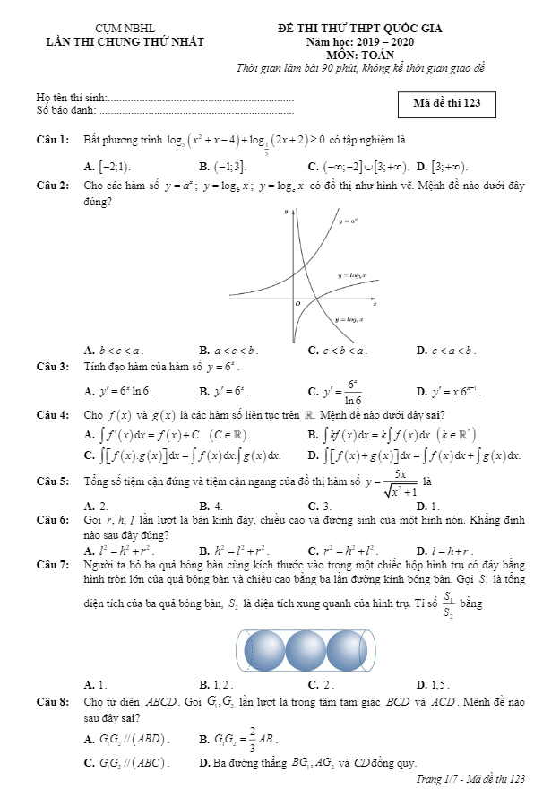 đề thi thử thpt quốc gia 2020 môn toán lần 1 cụm nbhl – ninh bình