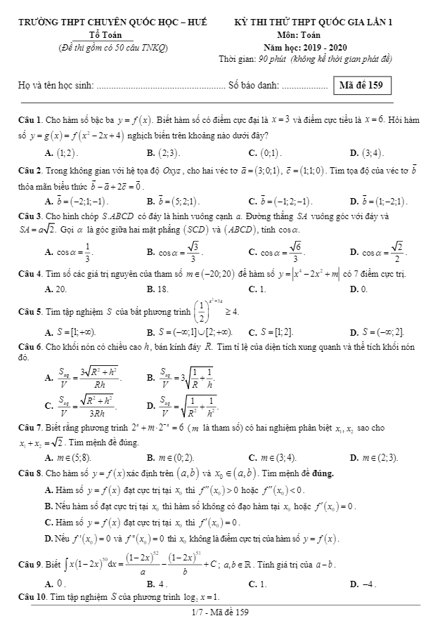 đề thi thử thpt quốc gia 2020 môn toán lần 1 trường chuyên quốc học huế