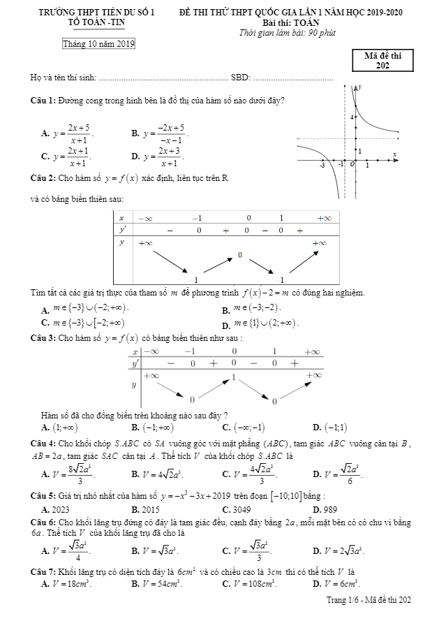 đề thi thử thpt quốc gia 2020 môn toán lần 1 trường tiên du 1 – bắc ninh