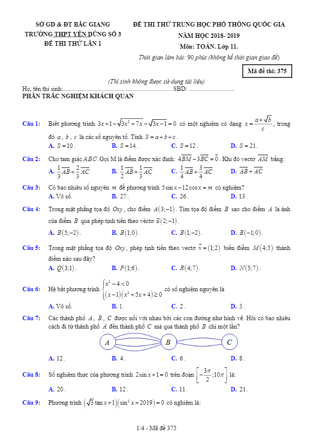 đề thi thử thpt quốc gia môn toán 11 năm 2018 – 2019 trường yên dũng 3 – bắc giang lần 1
