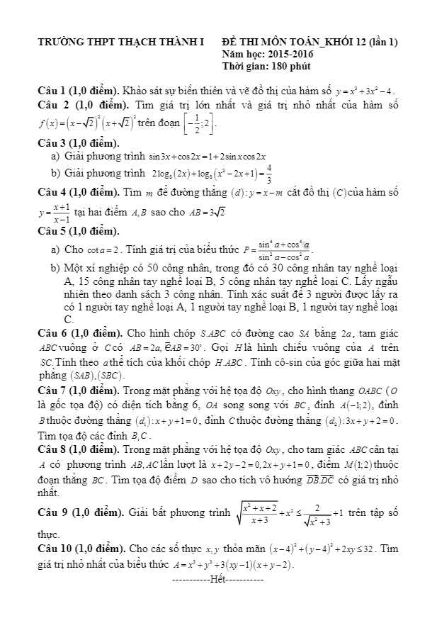 đề thi thử thpt quốc gia môn toán 2016 lần 1 trường thpt thạch thành 1 – thanh hóa