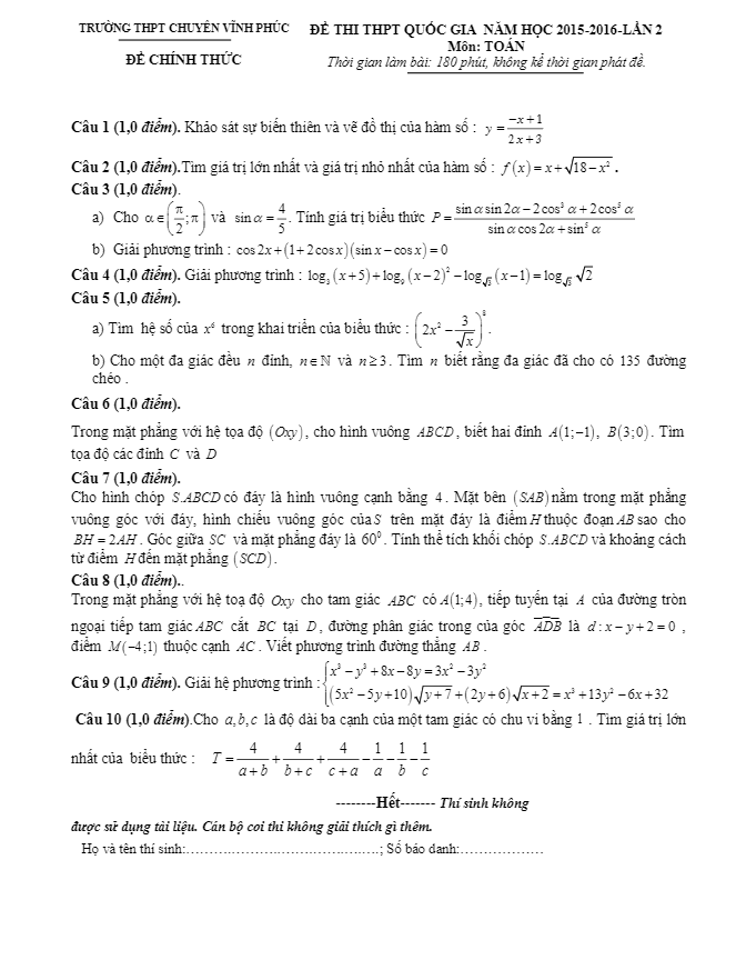 đề thi thử thpt quốc gia môn toán 2016 lần 2 trường thpt chuyên vĩnh phúc