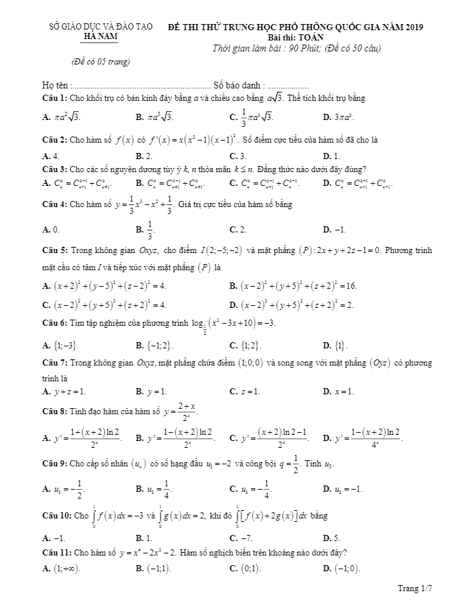 đề thi thử thpt quốc gia môn toán năm 2019 sở gd&đt hà nam