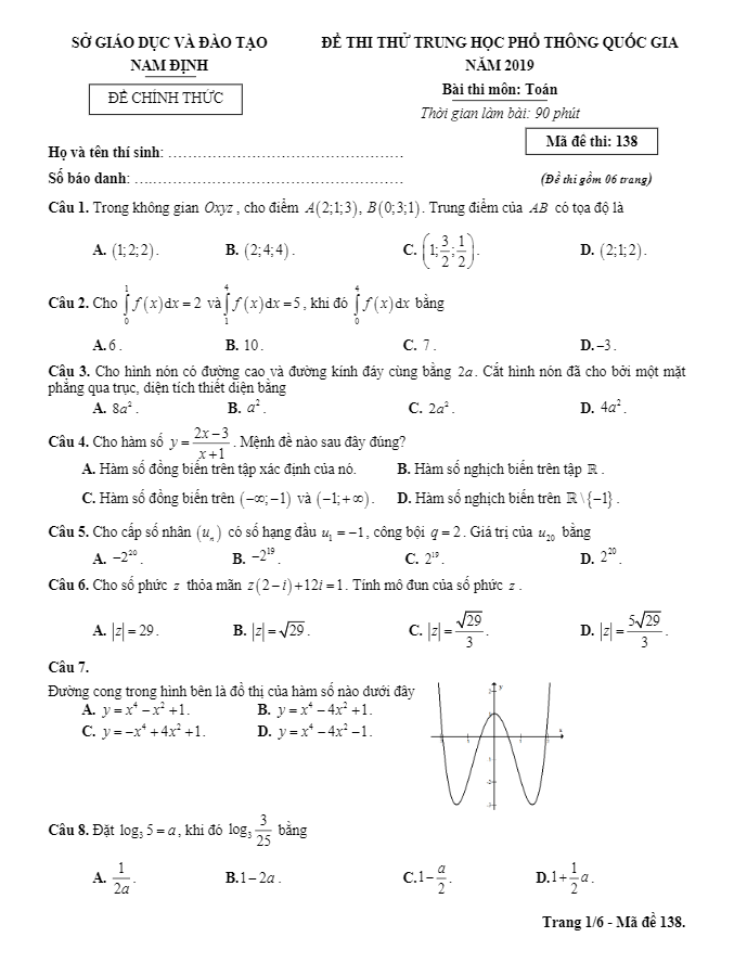 đề thi thử thpt quốc gia môn toán năm 2019 sở gd&đt nam định