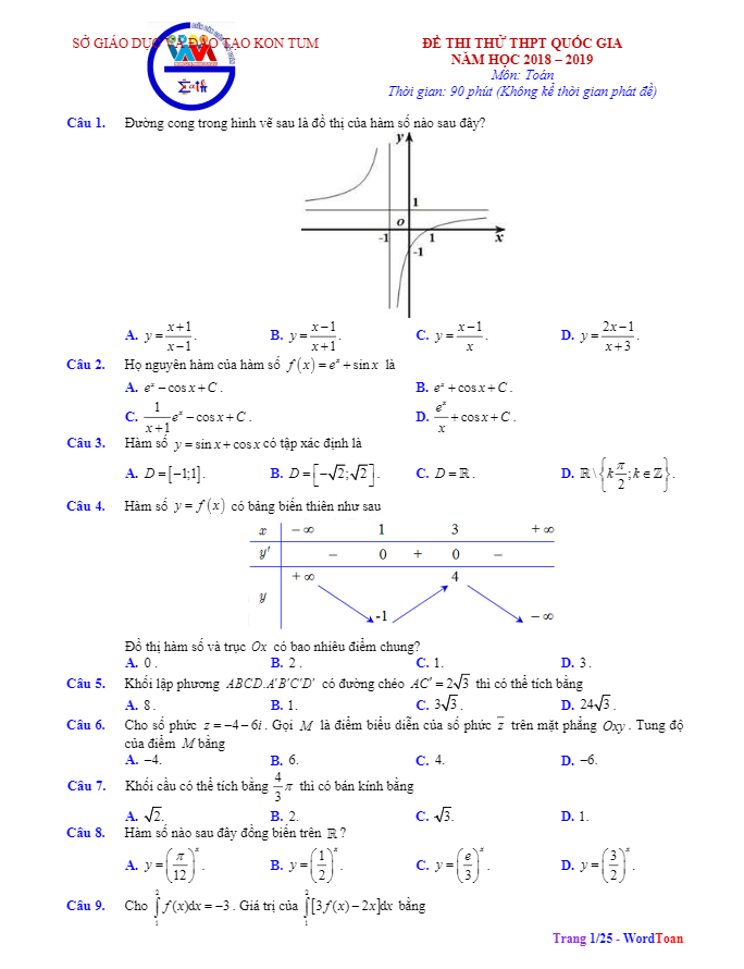 đề thi thử thpt quốc gia năm 2019 môn toán sở gd&đt kon tum