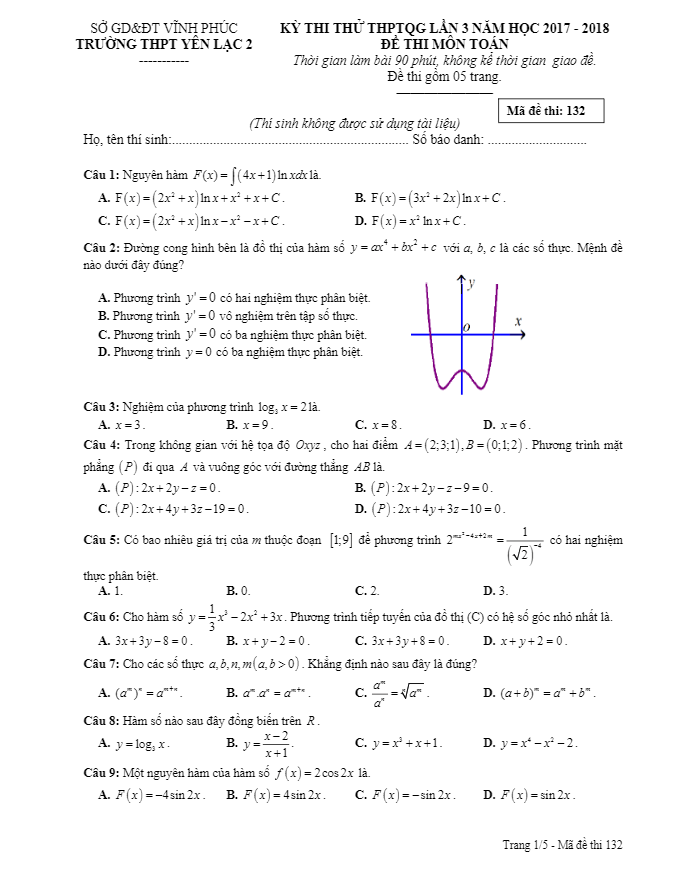đề thi thử thptqg 2018 môn toán lần 3 trường thpt yên lạc 2 – vĩnh phúc