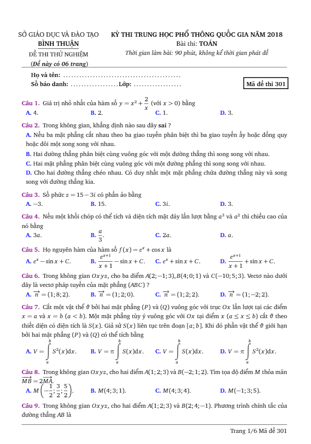 đề thi thử thptqg 2018 môn toán sở gd và đt bình thuận