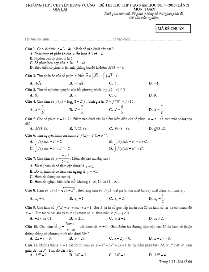 đề thi thử thptqg 2018 môn toán trường thpt chuyên hùng vương – gia lai lần 2