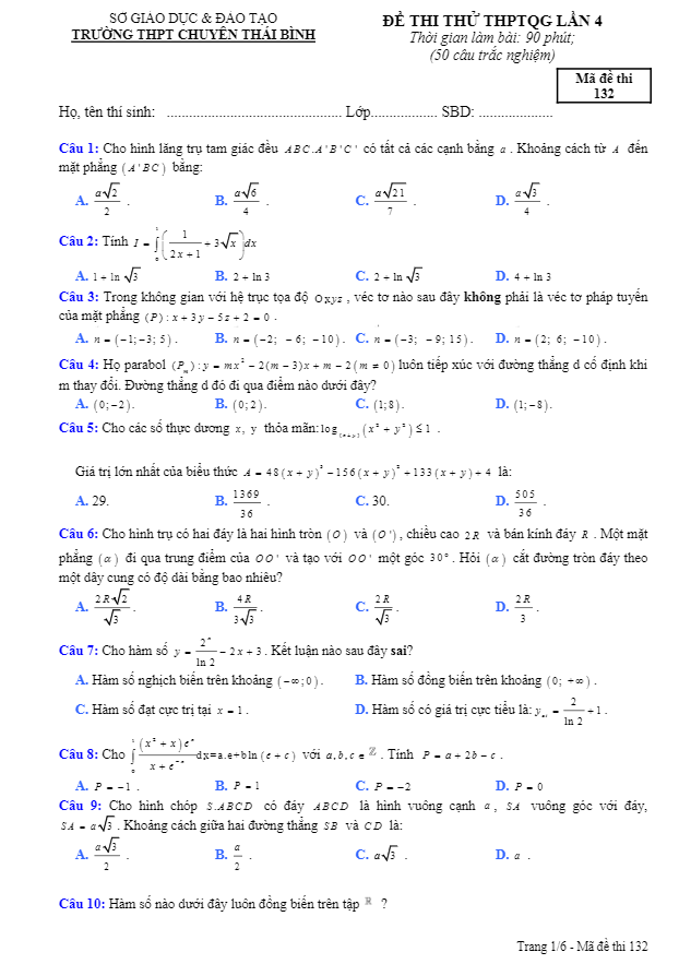 đề thi thử thptqg 2018 môn toán trường thpt chuyên thái bình lần 4