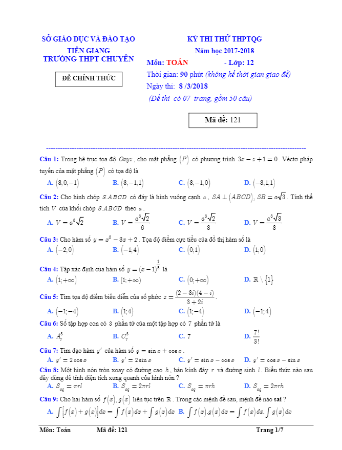 đề thi thử thptqg 2018 môn toán trường thpt chuyên tiền giang