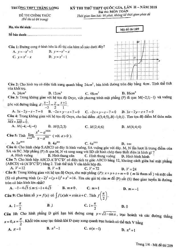 đề thi thử thptqg 2018 môn toán trường thpt thăng long – hà nội lần 2