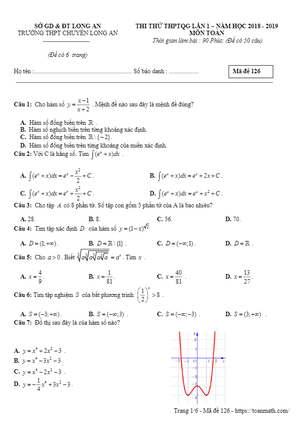 đề thi thử thptqg 2019 môn toán lần 1 trường thpt chuyên long an