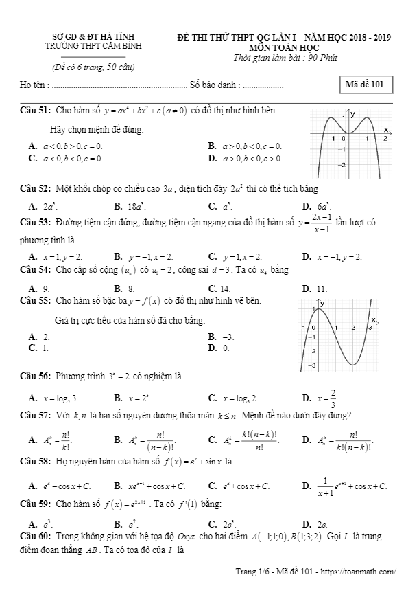 đề thi thử thptqg 2019 môn toán trường thpt cẩm bình – hà tĩnh lần 1