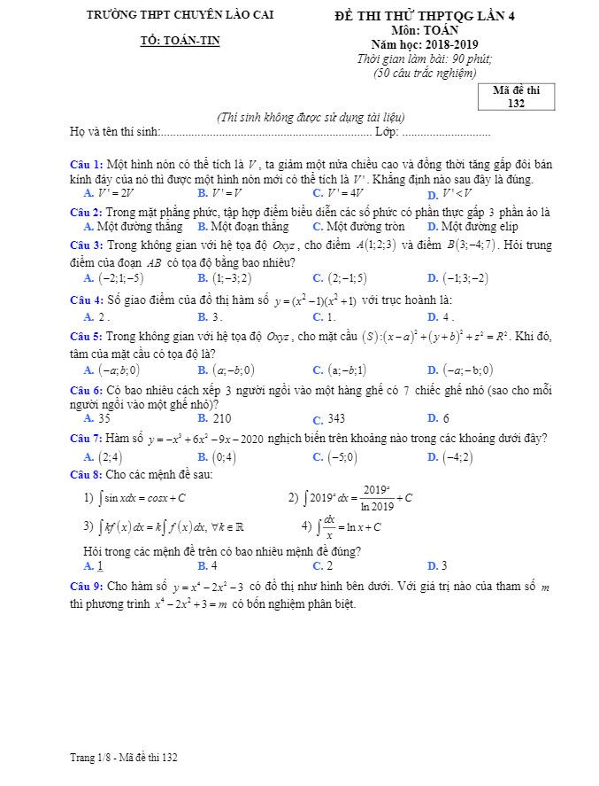 đề thi thử thptqg 2019 môn toán trường thpt chuyên lào cai lần 4
