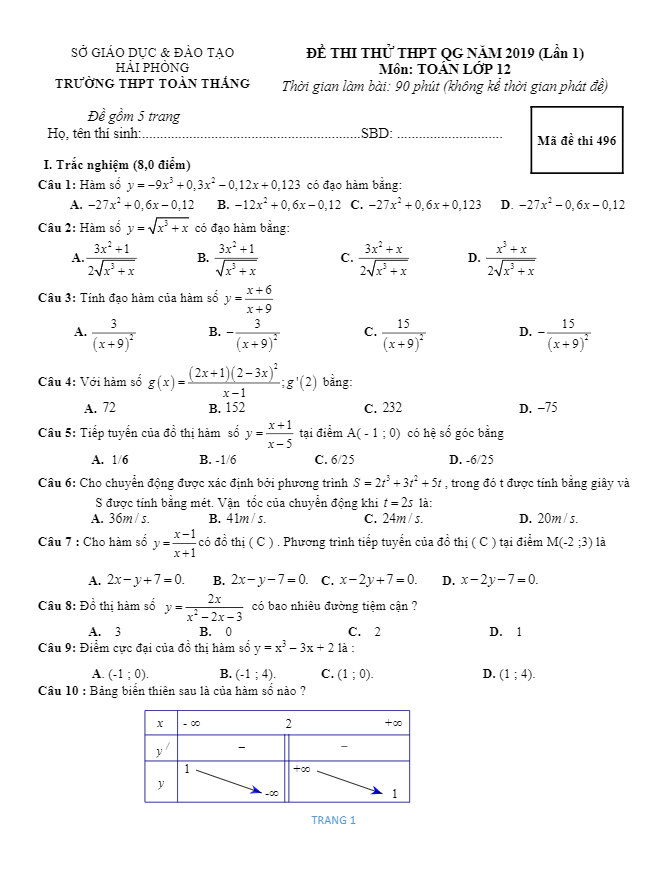 đề thi thử thptqg 2019 môn toán trường thpt toàn thắng – hải phòng lần 1