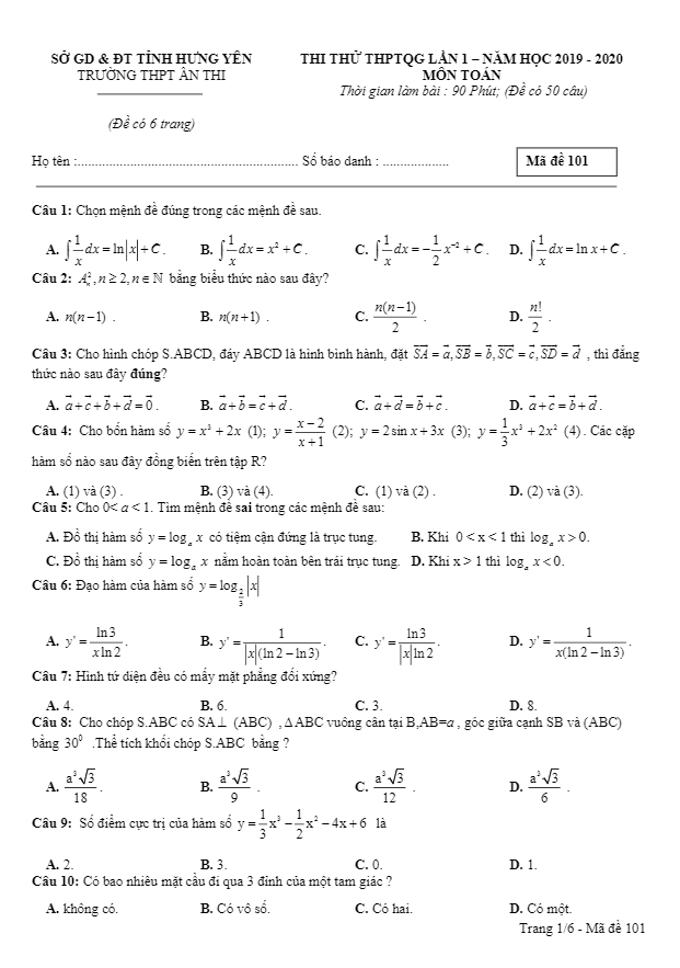 đề thi thử thptqg 2020 môn toán lần 1 trường thpt ân thi – hưng yên
