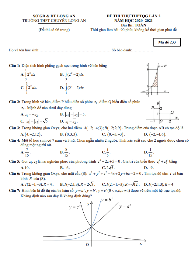 đề thi thử thptqg 2021 môn toán lần 2 trường thpt chuyên long an