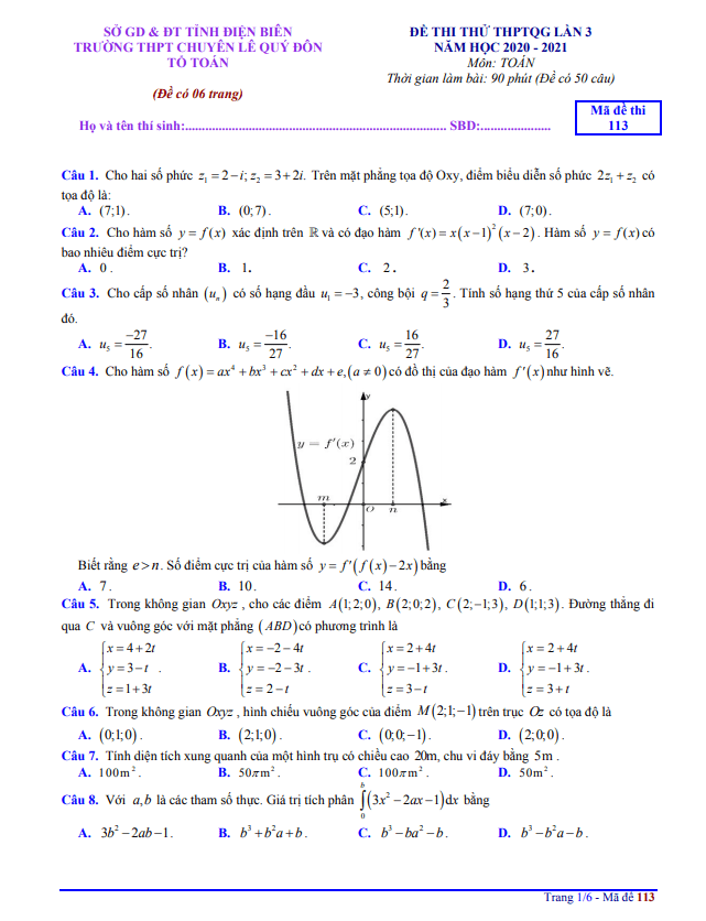 đề thi thử thptqg 2021 môn toán lần 3 trường chuyên lê quý đôn – điện biên