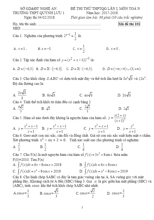 đề thi thử thptqg môn toán năm 2017 – 2018 lần 1 trường quỳnh lưu 1 – nghệ an