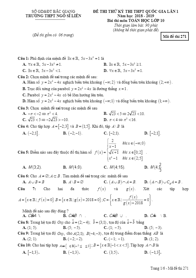 đề thi thử thptqg toán 10 năm 2018 – 2019 lần 1 trường ngô sĩ liên – bắc giang