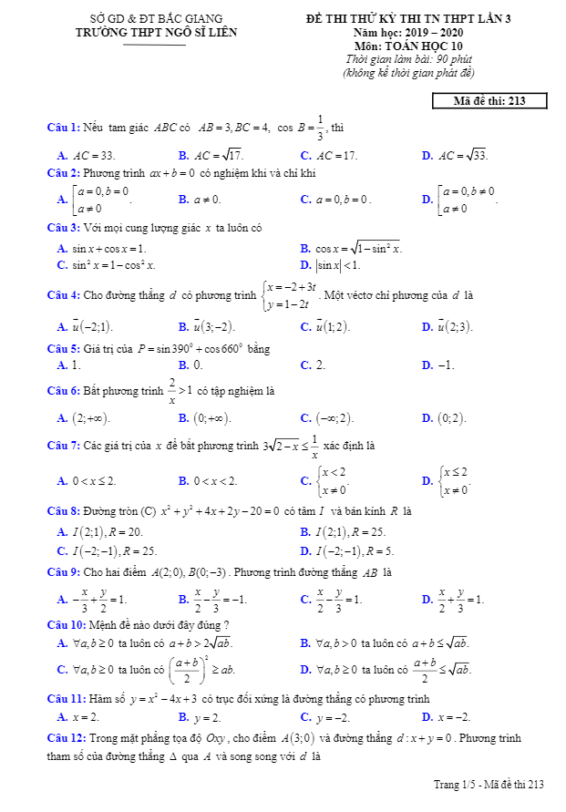 đề thi thử tn thpt 2020 lần 3 môn toán 10 trường thpt ngô sĩ liên – bắc giang