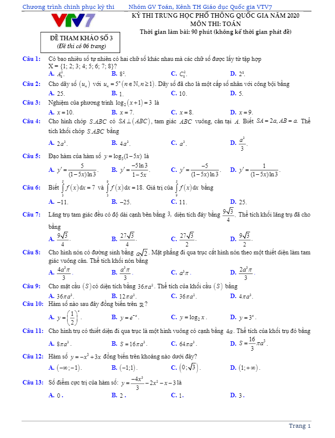 đề thi thử tn thpt 2020 môn toán kênh truyền hình giáo dục quốc gia vtv7 (đề 3)