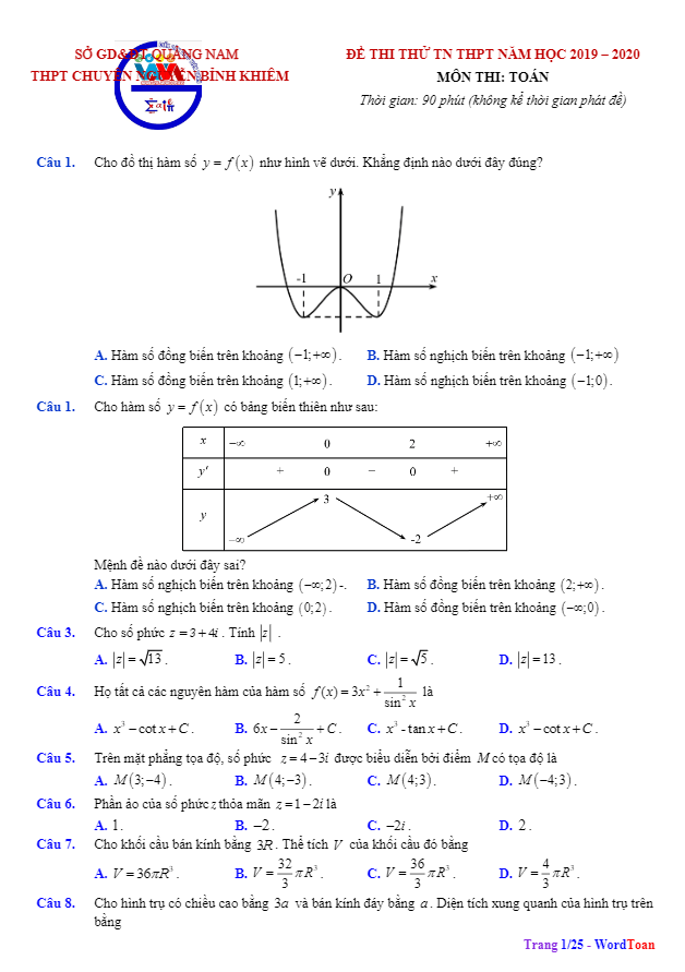 đề thi thử tn thpt 2020 môn toán trường chuyên nguyễn bỉnh khiêm – quảng nam