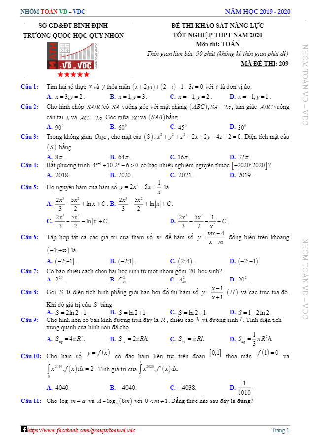 đề thi thử tn thpt 2020 môn toán trường quốc học quy nhơn – bình định