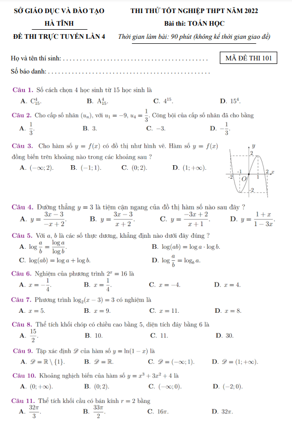 đề thi thử tn thpt 2021 – 2022 môn toán trực tuyến lần 4 sở gd&đt hà tĩnh