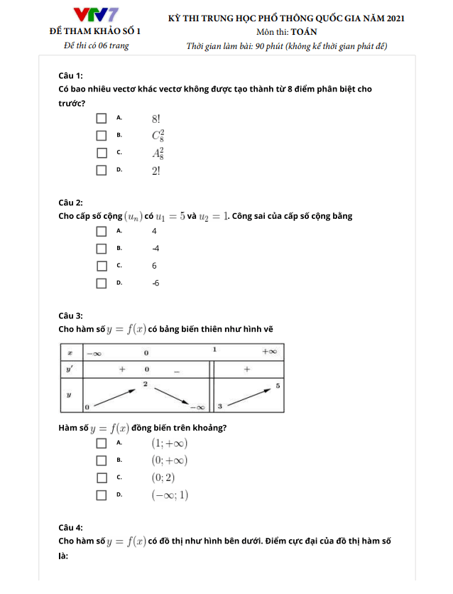 đề thi thử tn thpt 2021 môn toán kênh truyền hình giáo dục quốc gia vtv7 (đề 1)