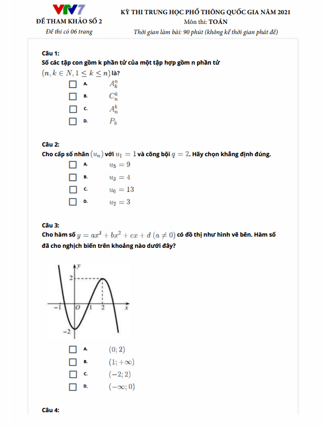 đề thi thử tn thpt 2021 môn toán kênh truyền hình giáo dục quốc gia vtv7 (đề 2)