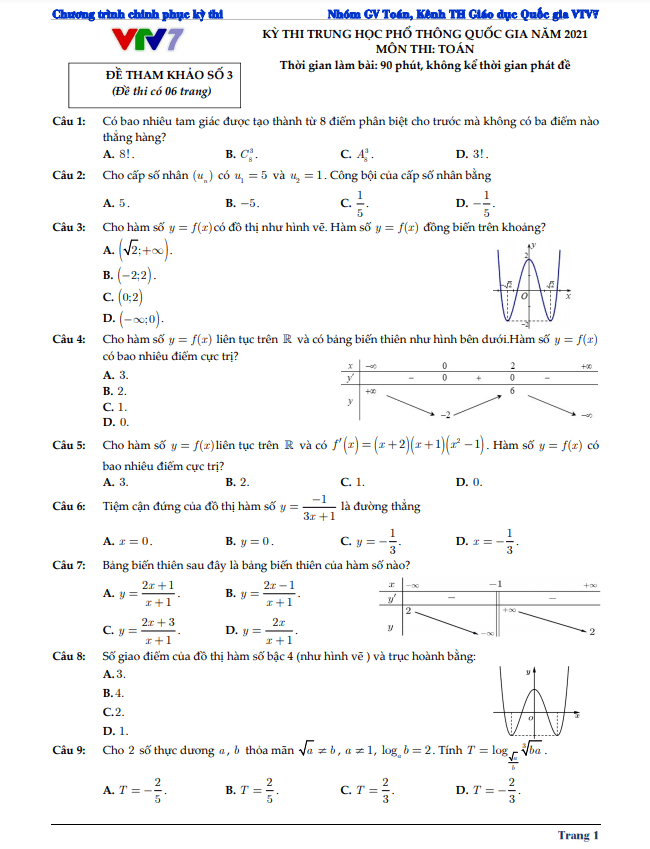 đề thi thử tn thpt 2021 môn toán kênh truyền hình giáo dục quốc gia vtv7 (đề 3)