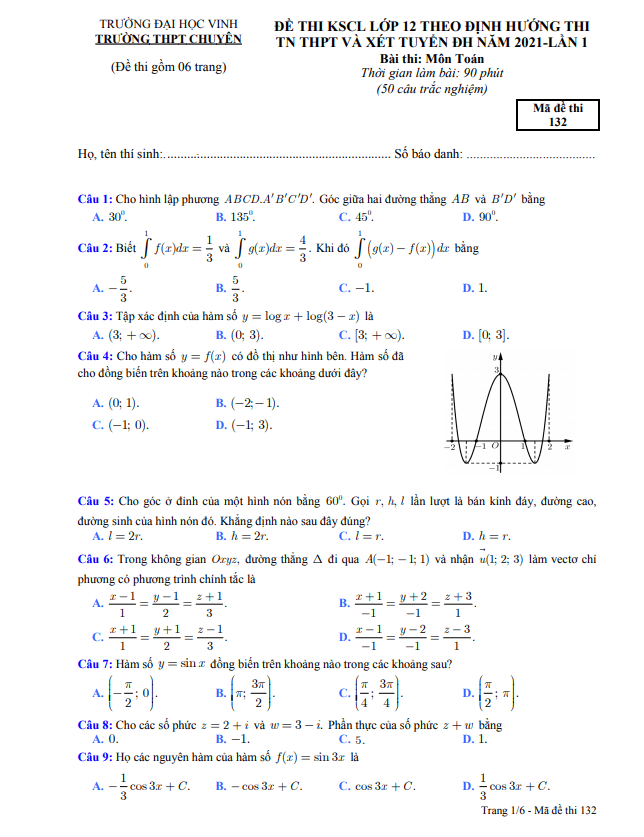 đề thi thử tn thpt 2021 môn toán lần 1 trường thpt chuyên đh vinh – nghệ an