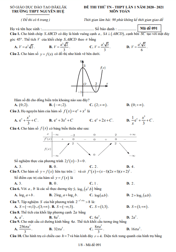 đề thi thử tn thpt 2021 môn toán lần 1 trường thpt nguyễn huệ – đắk lắk
