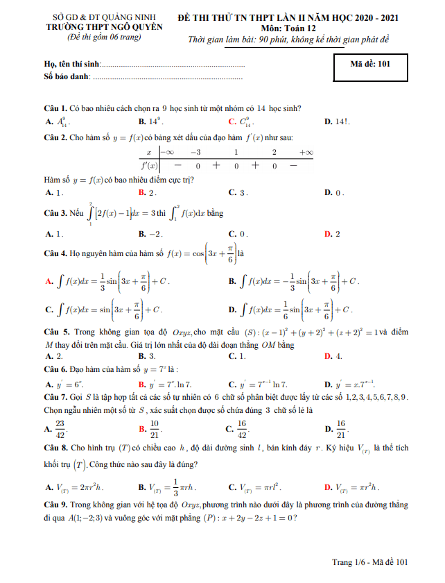 đề thi thử tn thpt 2021 môn toán lần 2 trường ngô quyền – quảng ninh